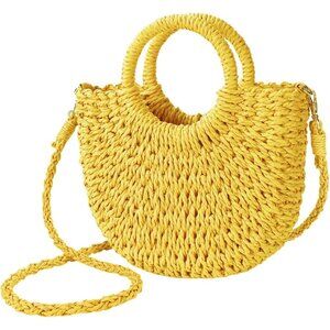 Women's Yellow Straw Beach Woven Cross Body Shoulder Top Handle Satchel Handbag